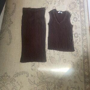 Brown Ribbed Knit Sleeveless Top and Skirt Set - Free People